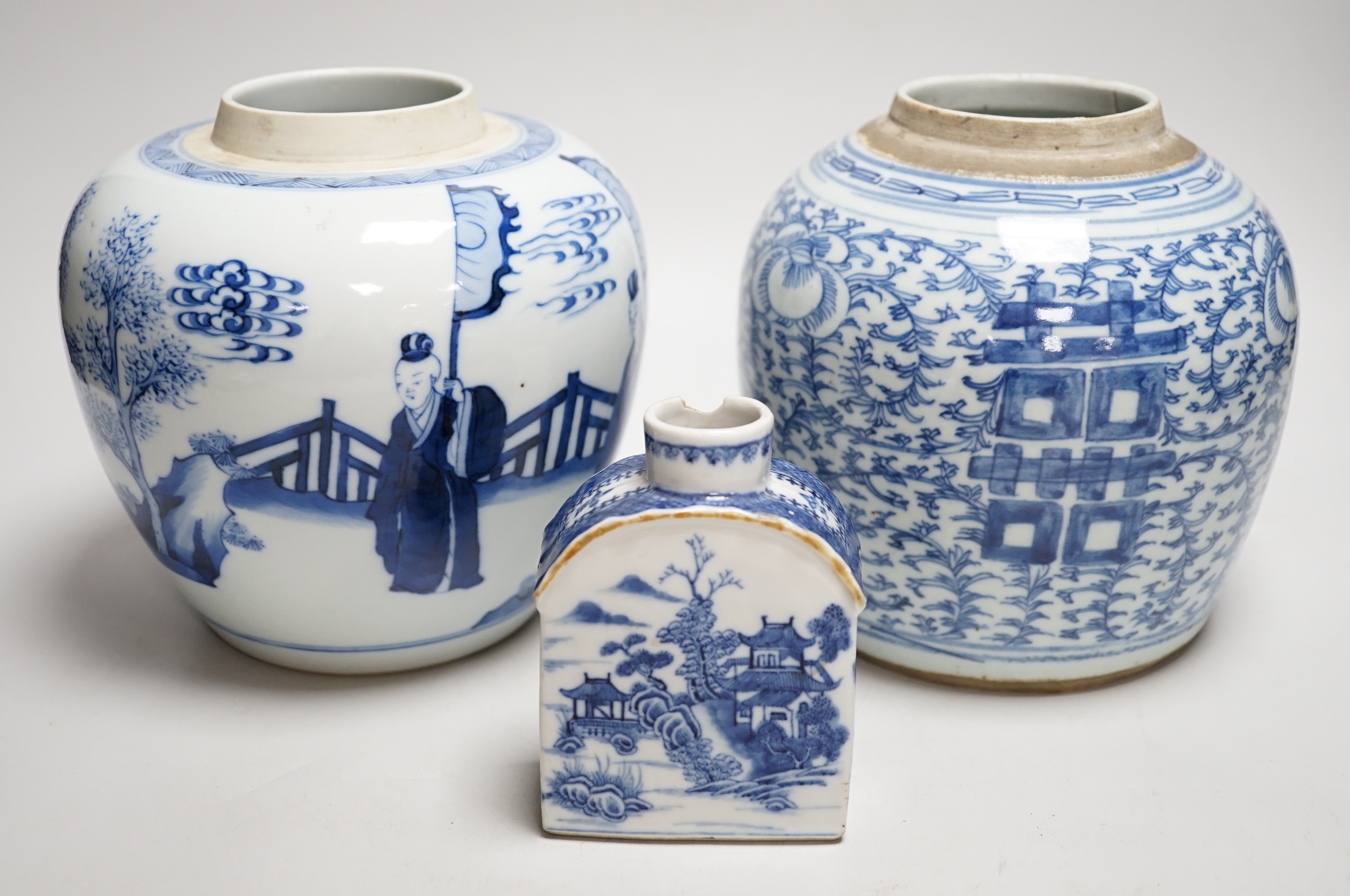 Two Chinese blue and white jars and a similar tea caddy
